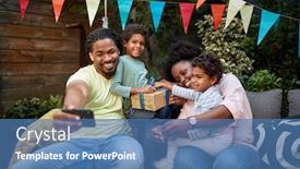  Presentation with togetherness - Colorful PPT theme enhanced with young-african-family-gathered-taking backdrop and a teal colored foreground