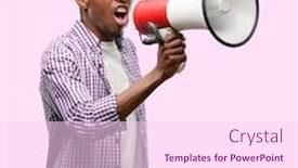  Presentation with sales - Audience pleasing theme consisting of young african graduate student black man communicates shouting loud holding a megaphone expressing success and positive concept idea for marketing or sales backdrop and a pink colored foreground