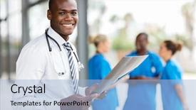  Presentation with black patient - Audience pleasing PPT layouts consisting of young african hospital doctor backdrop and a light blue colored foreground