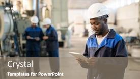  Presentation with using digital tablet - Presentation having young-african-male-factory-worker background and a gray colored foreground