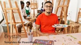  Presentation with art - PPT layouts enhanced with young-african-man-at-art background and a coral colored foreground