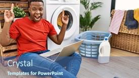  Presentation with computer music - Slides enhanced with young-african-man-doing-laundry background and a ocean colored foreground
