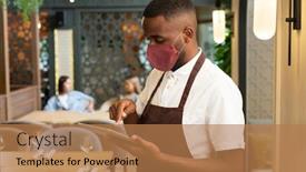  Presentation with using digital tablet - PPT theme enhanced with young-african-man-in-brown background and a coral colored foreground