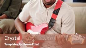  Presentation with electric guitar - Beautiful PPT theme featuring young-african-man-in-casualwear backdrop and a coral colored foreground