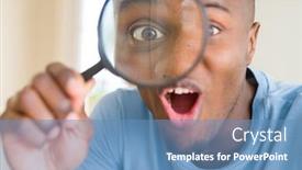  Presentation with looking glass - Presentation design featuring young african man looking through magnifying glass background and a teal colored foreground