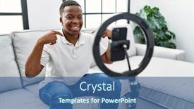  Presentation with happy sad face man - Presentation theme with young-african-man-recording-vlog background and a ocean colored foreground