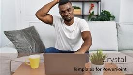  Presentation with laptop - PPT layouts with young-african-man-using-laptop background and a coral colored foreground
