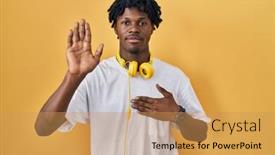  Presentation with hand palm - PPT theme consisting of young-african-man-with-dreadlocks background and a yellow colored foreground