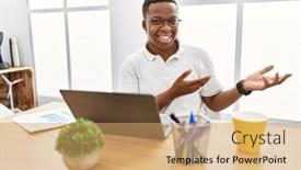  Presentation with office - PPT layouts consisting of young-african-man-working background and a coral colored foreground