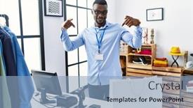  Presentation with working - Presentation theme enhanced with young-african-man-working background and a light blue colored foreground