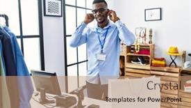  Presentation with working - Presentation design featuring young-african-man-working background and a coral colored foreground