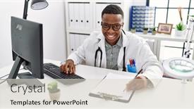  Presentation with doctor african - Presentation theme featuring young-african-man-working background and a lemonade colored foreground