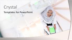  Presentation with hijab modern - Presentation design consisting of young-african-modern-muslim-woman background and a sky blue colored foreground