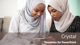  Presentation with black girls - Slide set featuring young african native sudan black girls looking at a phone wearing muslim hijab clothes background and a violet colored foreground