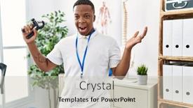  Presentation with physiotherapy - Slide deck consisting of young-african-physiotherapy-man-holding background and a  colored foreground