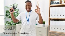  Presentation with physiotherapy - PPT theme having young-african-physiotherapy-man-holding background and a  colored foreground