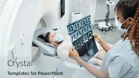  Presentation with medical equipment - PPT theme having young-african-radiologist-in-uniform background and a light gray colored foreground