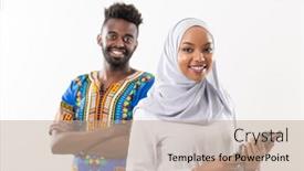  Presentation with woman muslim - Beautiful slide set featuring young african students couple woman wearing traditional sudan muslim hijab clothes business team isolated on white backgound backdrop and a coral colored foreground