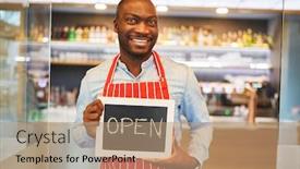  Presentation with restaurant waiter - Amazing presentation theme having young-african-waiter-or-founder backdrop and a coral colored foreground