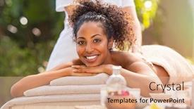  Presentation with medical spa massage outdoor balinese - Beautiful PPT theme featuring young african woman getting spa massage outdoor in a tropical environment happy woman lying on massage table getting back beauty treatment beautiful girl doing spa treatment in natural setting backdrop and a coral colored foreground