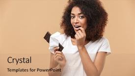  Presentation with bar pieces dark chocolate - PPT theme with young african woman holding chocolate background and a coral colored foreground