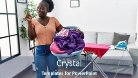 Presentation with laundry - Slides with young-african-woman-holding-laundry background and a ocean colored foreground