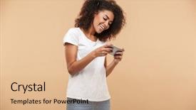  Presentation with mobile games - Slide deck with young african woman playing game background and a coral colored foreground