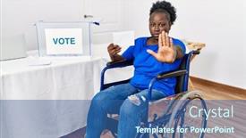  Presentation with hand palm - PPT theme consisting of young-african-woman-sitting background and a ocean colored foreground