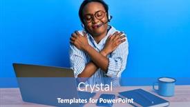  Presentation with call center agent reporting - Colorful PPT theme enhanced with young-african-woman-wearing-call backdrop and a teal colored foreground