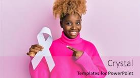  Presentation with pink ribbon - Amazing presentation theme having young-african-woman-with-afro backdrop and a coral colored foreground