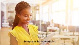  Presentation with internet surfing - Colorful slide set enhanced with young-african-woman-with-tablet backdrop and a yellow colored foreground