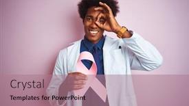  Presentation with eye doctor - Beautiful theme featuring young afro american doctor man holding cancer ribbon standing over isolated pink background with happy face smiling doing ok sign with hand on eye looking through fingers backdrop and a coral colored foreground