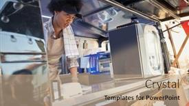  Presentation with food order - Slide deck with young-afro-american-female-employee background and a coral colored foreground