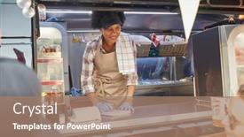  Presentation with food order - Colorful PPT theme enhanced with young-afro-american-female-employee backdrop and a coral colored foreground