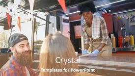  Presentation with food order - PPT layouts having young-afro-american-female-employee background and a coral colored foreground