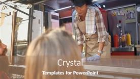  Presentation with food order - Audience pleasing slides consisting of young-afro-american-female-employee backdrop and a coral colored foreground