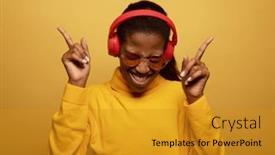  Presentation with yellow color - Slide deck with young-afro-american-female background and a gold colored foreground