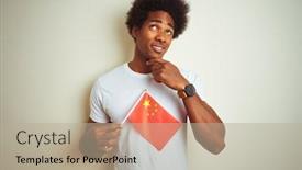  Presentation with china flag - Presentation consisting of young afro american man holding china chinese flag standing over isolated white background serious face thinking about question very confused idea background and a mint green colored foreground