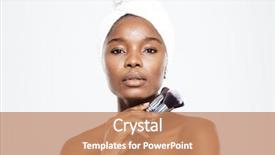  Presentation with brushes makeup - Colorful slides enhanced with young afro american woman with towel on head holding makeup brushes isolated on a white background backdrop and a coral colored foreground