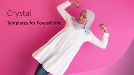  Presentation with pink beauty - PPT theme featuring young afro beauty wearing traditional islamic clothes on plastic pink background gender strenght background and a coral colored foreground
