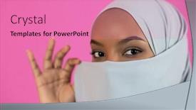  Presentation with pink beauty - Presentation design consisting of young afro beauty wearing traditional islamic clothes on plastic pink background background and a coral colored foreground