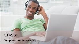 Presentation with afro - Presentation theme consisting of young afro man with headphones background and a light gray colored foreground