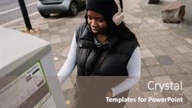  Presentation with atm machine - Slides featuring young-afro-woman-in-headphones background and a gray colored foreground