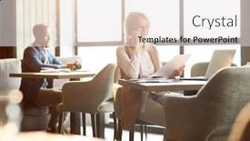  Presentation with consulting - Colorful presentation theme enhanced with young agent in smart casual sitting by table in cafe consulting client by smartphone and looking through text of contract backdrop and a white colored foreground