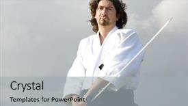  Presentation with aikido - Audience pleasing PPT theme consisting of aikido man with a sword backdrop and a light gray colored foreground
