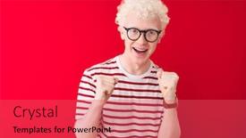  Presentation with winner - Beautiful presentation design featuring young albino blond man wearing striped t-shirt and glasses over isolated red background celebrating surprised and amazed for success with arms raised and open eyes winner concept backdrop and a red colored foreground