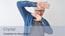  Presentation with denim - Beautiful PPT theme featuring young albino blond man wearing denim shirt and glasses over isolated white background smiling cheerful playing peek a boo with hands showing face surprised and exited backdrop and a light blue colored foreground