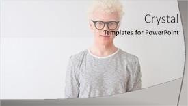  Presentation with simple - Slide set enhanced with young albino blond man wearing striped t-shirt and glasses over isolated white background relaxed with serious expression on face simple and natural looking at the camera background and a lemonade colored foreground