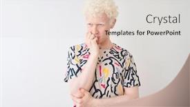  Presentation with colorful hands - Colorful presentation theme enhanced with young albino blond man wearing colorful t-shirt standing over isolated white background looking stressed and nervous with hands on mouth biting nails anxiety problem backdrop and a lemonade colored foreground