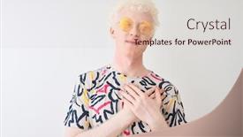  Presentation with colorful hands - Slide set having young albino blond man wearing colorful t-shirt and sunglasses over isolated red background smiling with hands on chest with closed eyes and grateful gesture on face health concept background and a lemonade colored foreground